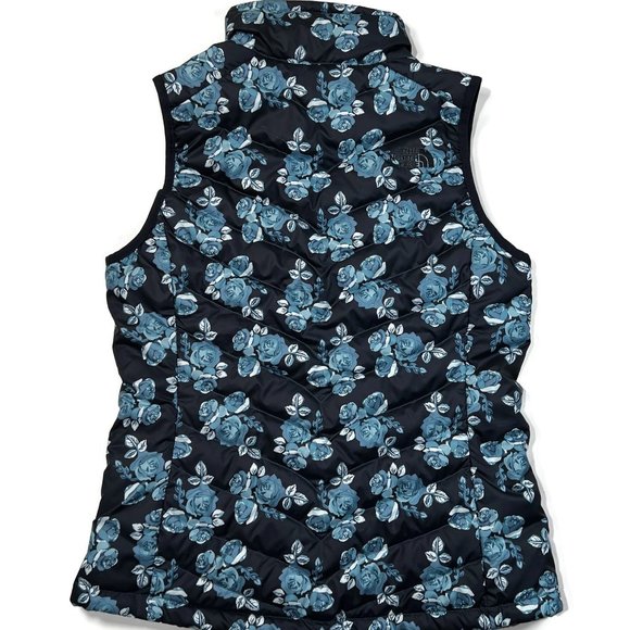 The North Face Womens Small Puffer Vest 550 Goose Down Blue Floral Zip Slim - Picture 4 of 9